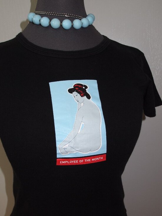 Vintage Tops - Retro Vintage Y2K Geisha Art Museum Black Crewneck Baby Tee Shirt XXS